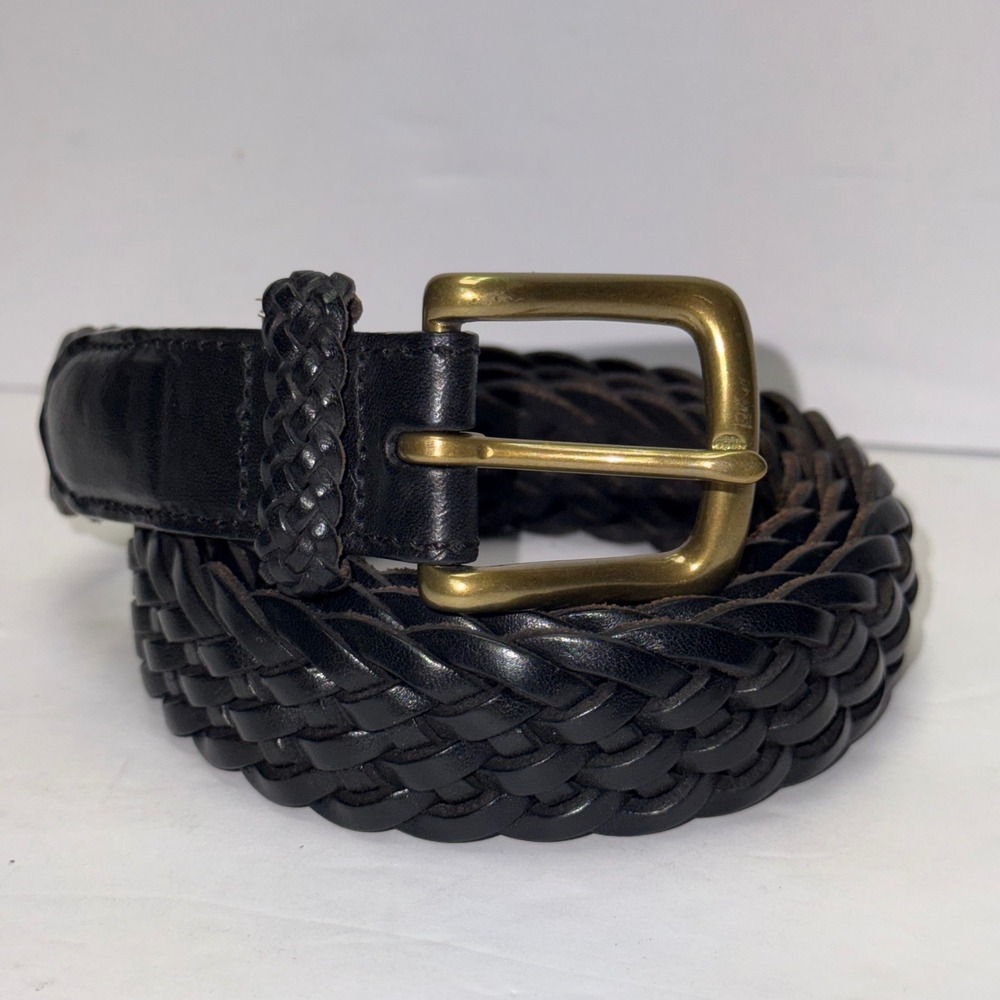 Lands End Braided Belt Mens 36 Black Leather Woven Brass Buckle 73991